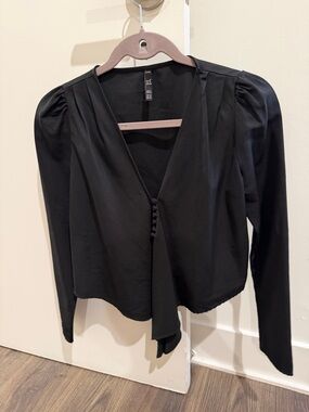 Express Black V-Neck Puff-Sleeve Blouse with Draped Front